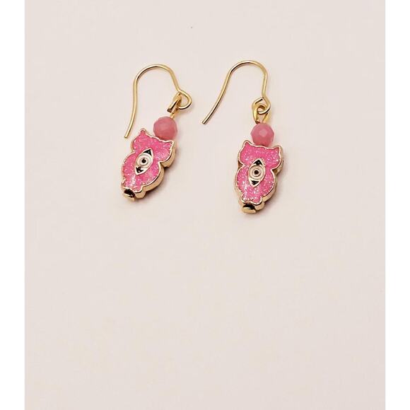 Pink Glitter Enamel Owl Earrings Evil Eye Drop Gold Plated Hook Wire Rose Quartz - Picture 6 of 6